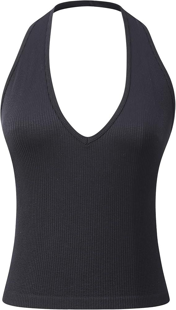 Ribbed Halter Crop Top for Woman Backless Sleeveless Seamless Sexy Tank Tops Pack | Amazon (US)