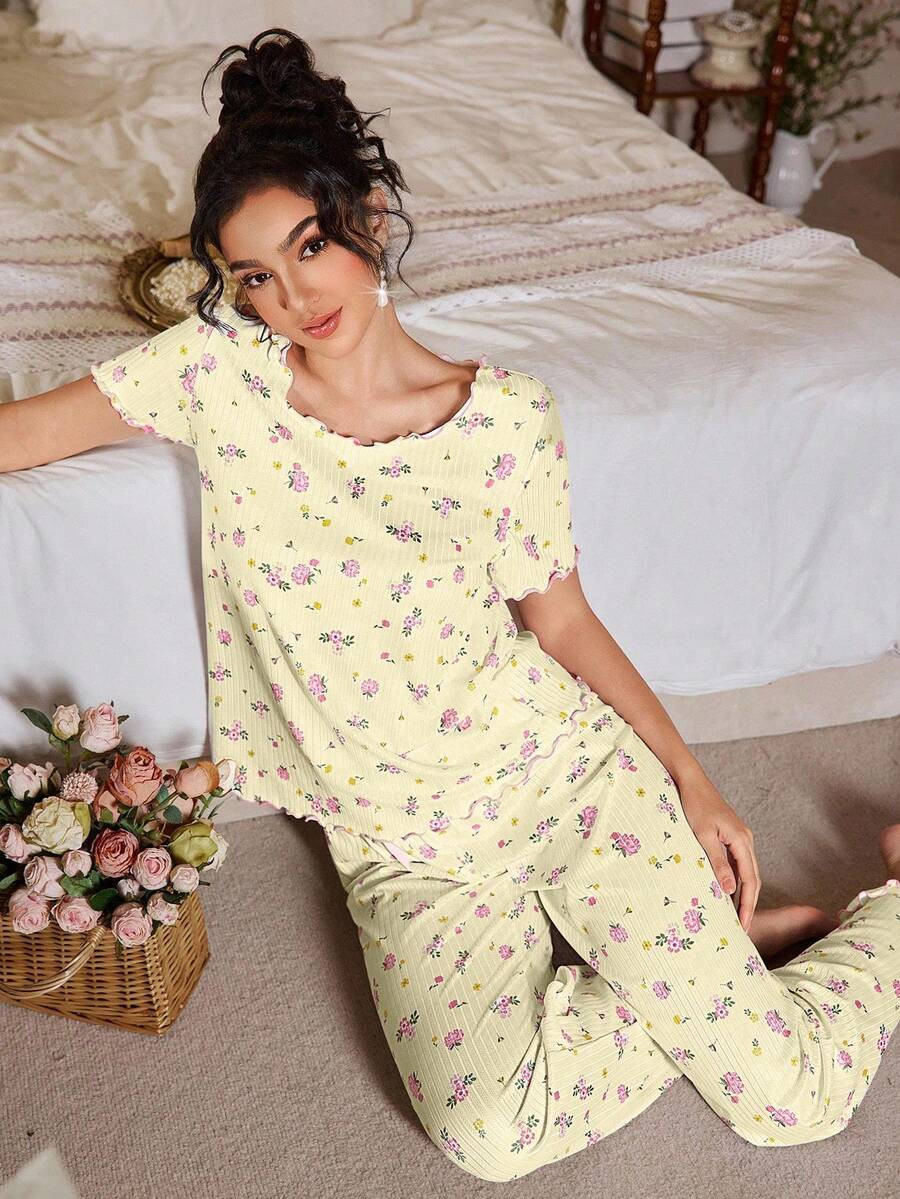 Tulorae Romantic-Flora Bow Decor Floral Print Textured Knit Women Floral S PJSs Floral PJSs Women... | SHEIN
