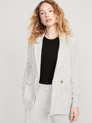 Striped Double-Breasted Linen-Blend Blazer for Women | Old Navy (US)
