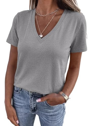 KIRUNDO V Neck T Shirts for Women Summer Tops Oversized Spring Short Sleeve Casual Basic Tees Tunic Blouse Fashion Clothing(Grey, Medium) | Amazon (US)