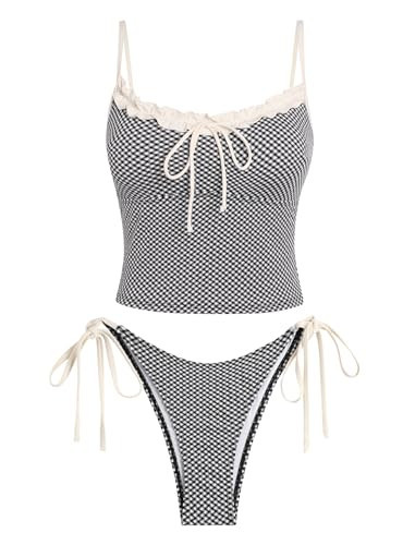 ZAFUL Tankini Swimsuits for Women Tie Front Tummy Control Spliced Ruffles Bikini Sets Two Piece Bathing Suits(3-Gingham Black, L) | Amazon (US)