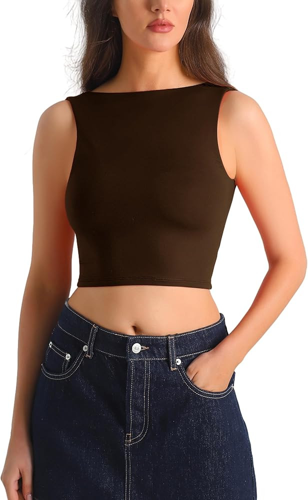 HOYAYO Women's Slim Fit Double-Layer Tank Top Boat Neck Open Back Crop Top Sleeveless Basic Tee S... | Amazon (US)