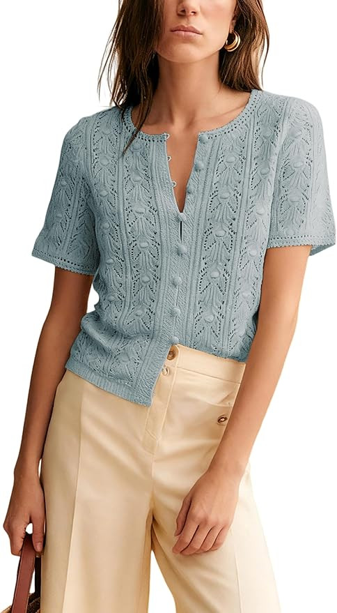 Womens Casual Short Sleeve Crochet Knit Cardigans Lightweight Button Down Hollow Out Sweater Tops | Amazon (US)