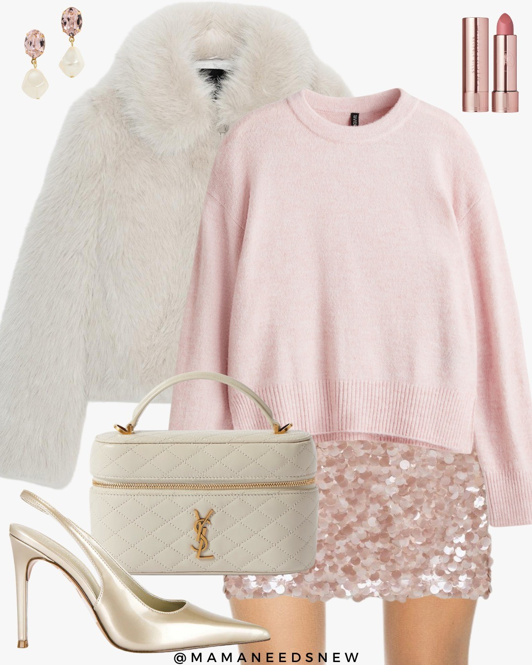 A holiday outfit with a faux fur jacket, sweater, sequin mini skirt, heels, top handle bag 🩷

#LTKHoliday #LTKParties #LTKStyleTip