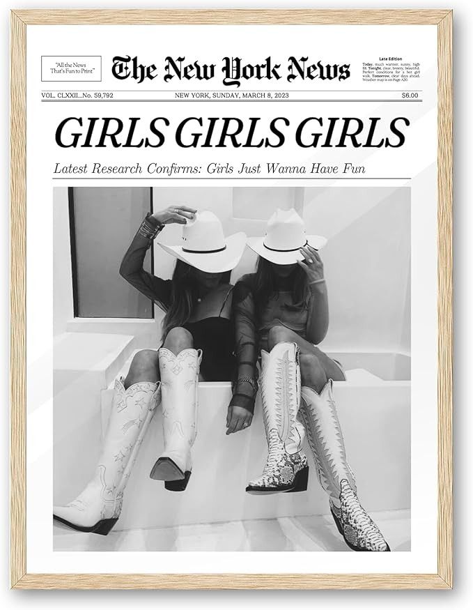 iHery Girls Just Wanna Have Fun Framed Trendy Cowgirl NewsPaper Wall Art, 12x16in Natural OAK Woo... | Amazon (US)