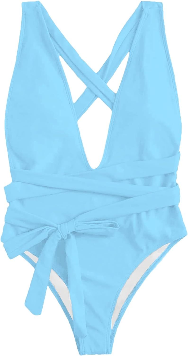 Lilosy Sexy Tie Criss Cross Plunge One Piece Thong Swimsuit High Cut Brazilian Bathing Suit | Amazon (US)
