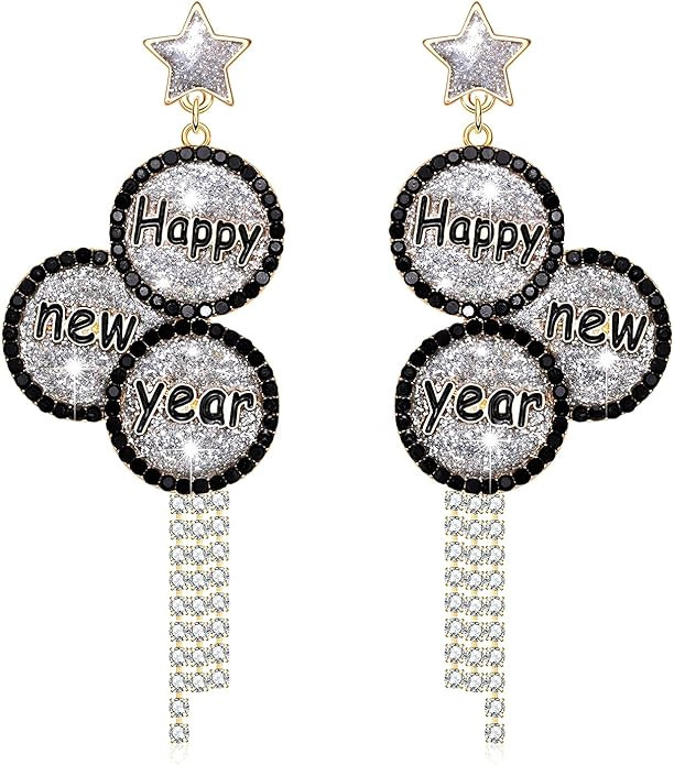 Happy New Year Earring for Women Glitter Rhinestone Star Dangle Earrings Holiday New Year’s Eve... | Amazon (US)