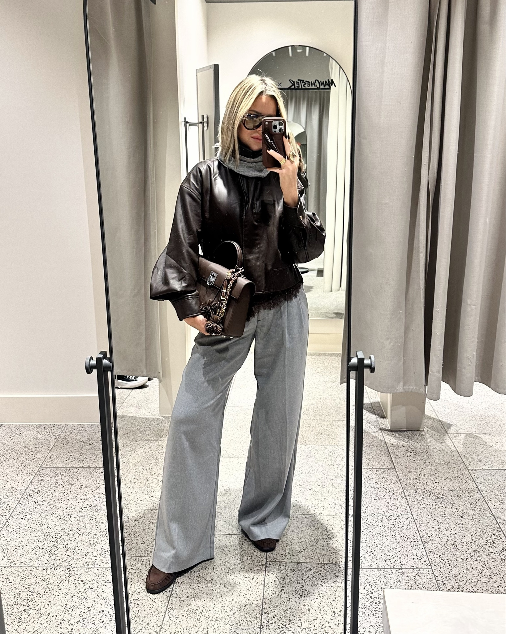 The perfect in between outfit 🤎🩶
Lace top was Zara ( I’ve link a very similar one ) 
#brownleather #brownjacket #greyoutfit #greytrousers #karenmillen #styletips

#LTKautumn #LTKwinter #LTKuk