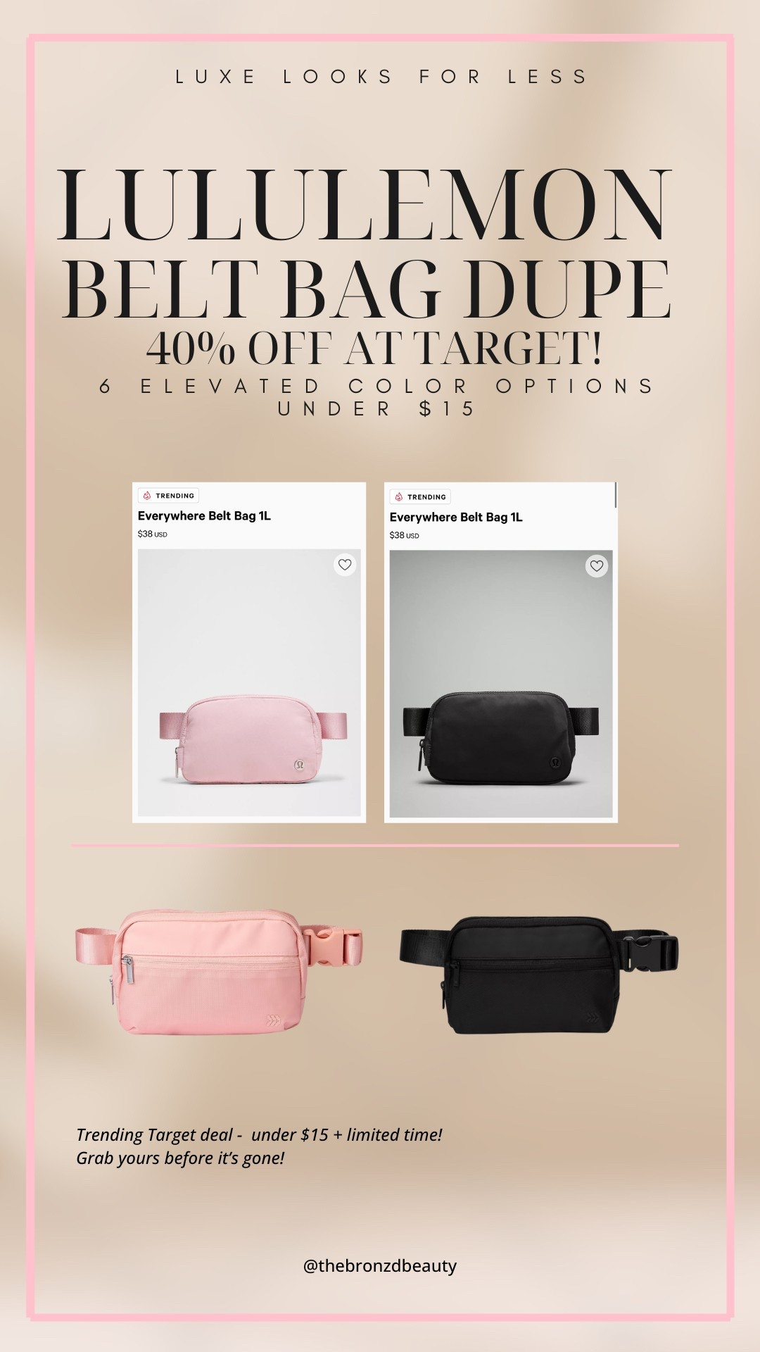 ✨ Trending Target deal! This $20 belt bag is the perfect dupe for the Lululemon Everywhere Belt Bag — and it’s 40% OFF right now! Comes in 6 elevated colors. Perfect for workouts, errands, or summer travel. Snag yours before they sell out!

#LTKSaleAlert #LTKFindsUnder50 #LTKItBag