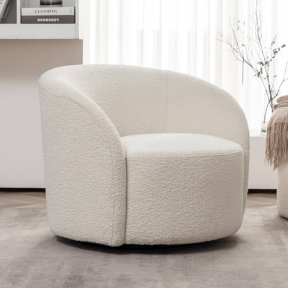 KINWELL 34" W Mid Century Modern Swivel Barrel Chair, Round Upholstered Boucle Swivel Accent Chai... | Amazon (US)