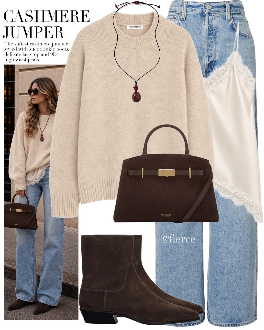 Cream cashmere jumper blue jeans chocolate suede bag satin lace top

#LTKuk #LTKautumn #LTKeurope
