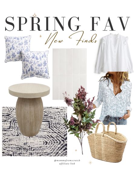Spring home decor and spring fashion I’m loving! Area rug, side table, spring pillows, baskets, spring flowers, Peel and stick tiles, spring blouse from amazon h and m. 

#LTKSeasonal #LTKstyletip #LTKhome
