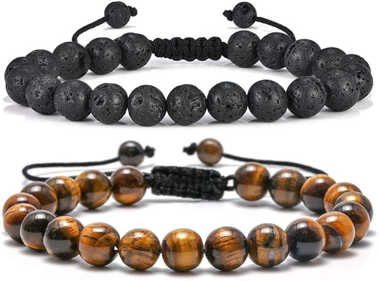 Tiger Eye Mens Bracelet Gifts - 8mm Tiger Eye Lava Rock Stone Mens Anxiety Bracelets, Stress Reli... | Amazon (US)