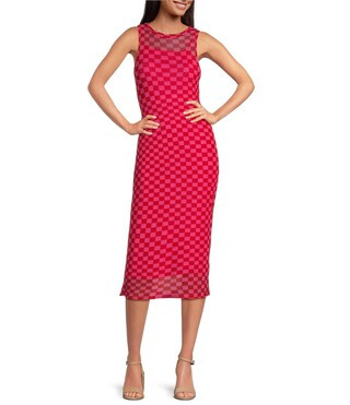 Cara Check Print Mesh Crew Neck Sleeveless Midi Dress | Dillard's