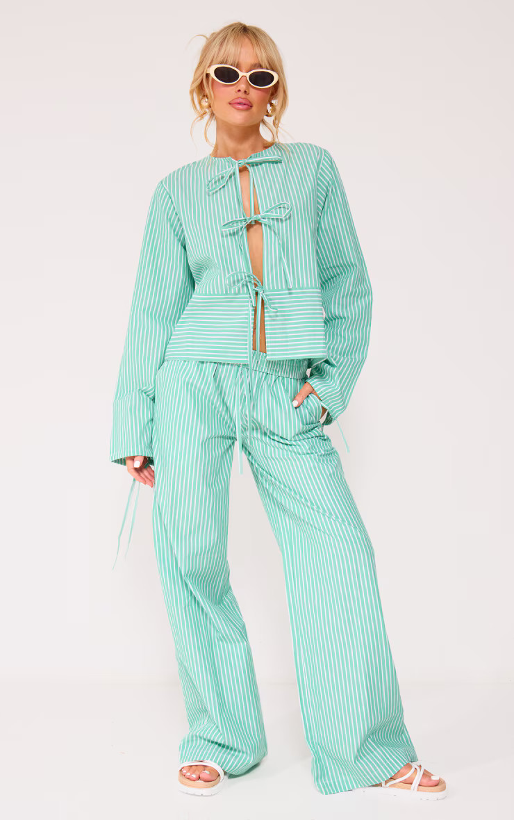Green Pinstripe Woven Wide Leg Pants | PrettyLittleThing US