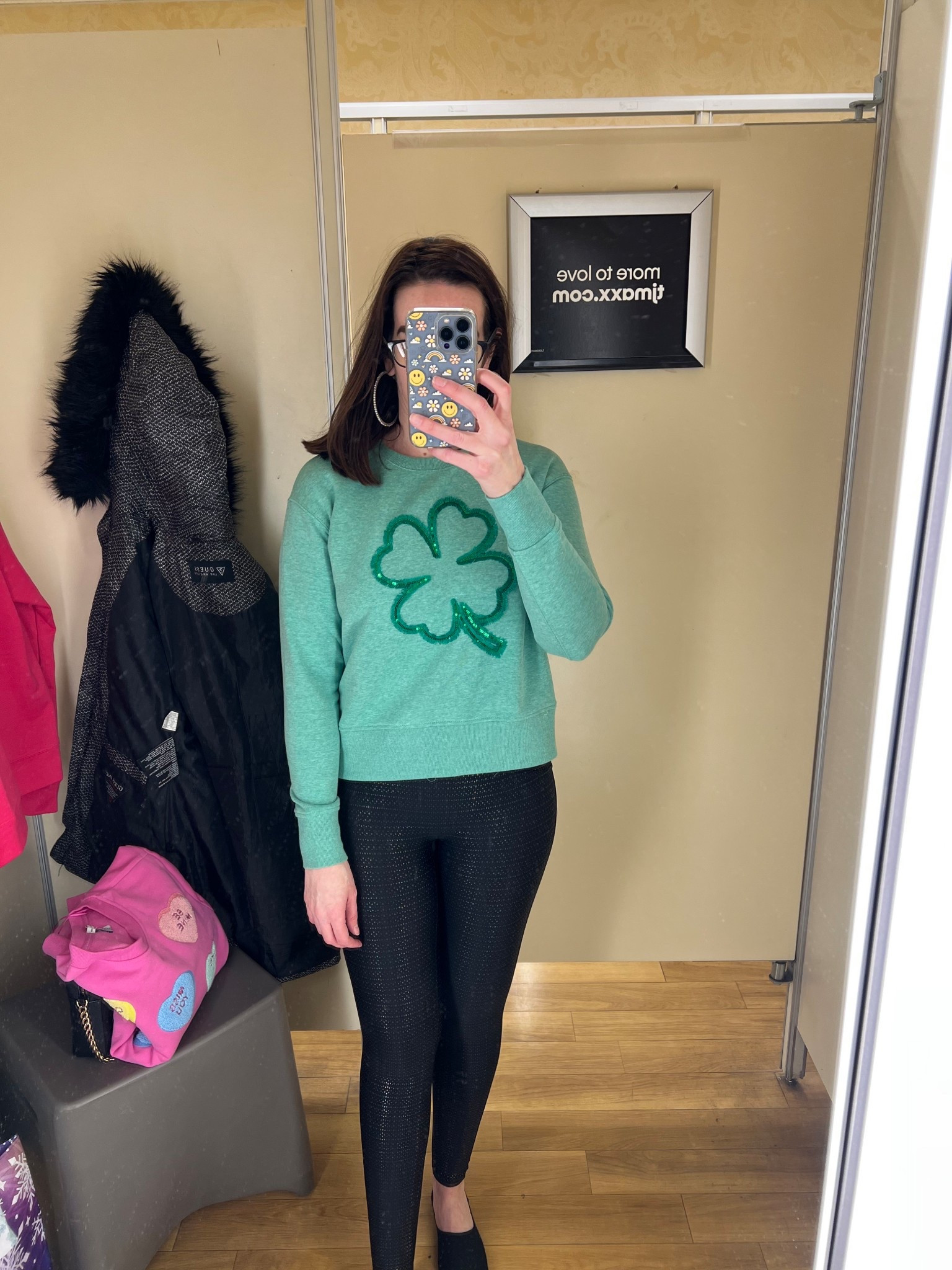 Green shamrock sweatshirt (xs). Black faux leather leggings (s). #sweatshirt #shamrocksweatshirt #greensweatshirt #leggings #fauxleatherleggings #blackleggings #stpatricksday #stpatricksdayoutfit @TJ Maxx @Spanx 
st patricks day outfit women 

#LTKootd #LTKSeasonal