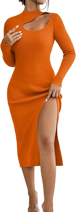 LYANER Women's Elegant Mock Neck Cutout Split Long Sleeve Cocktail Bodycon Midi Dresses | Amazon (US)