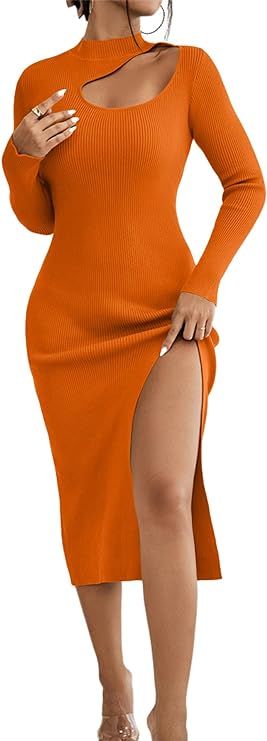LYANER Women's Elegant Mock Neck Cutout Split Long Sleeve Cocktail Bodycon Midi Dresses | Amazon (US)