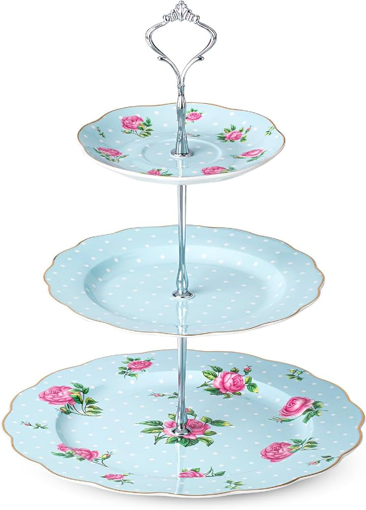 BTaT- Floral 3 Tier Cake Stand, Porcelain, Pastel Blue with Pink Roses & Gold Trim, 3 Tiered Dess... | Amazon (US)