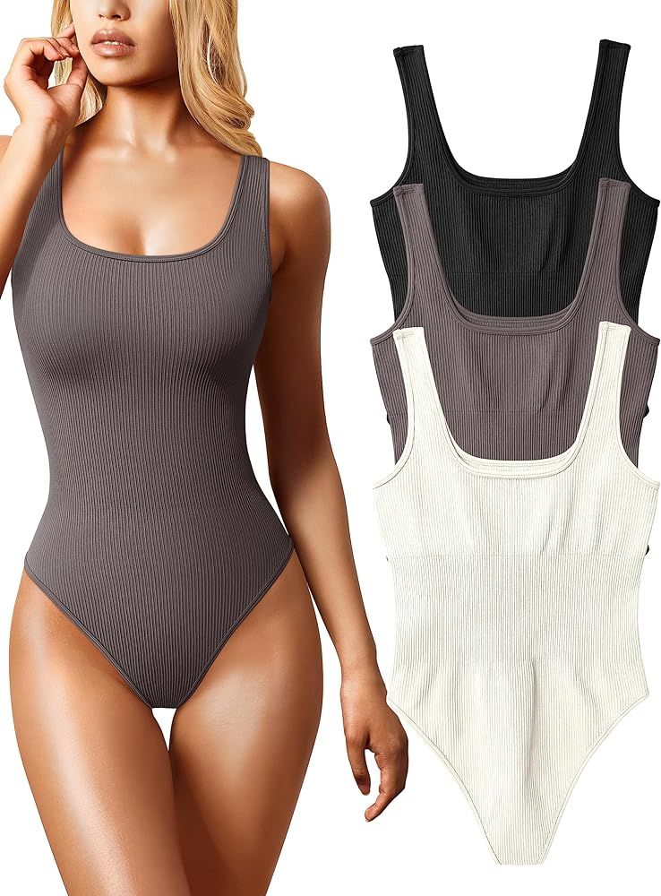 OQQ Women's 3 Piece Bodysuits Sexy Ribbed Sleeveless Square Neck Sleeveless Tank Tops Bodysuits | Amazon (US)