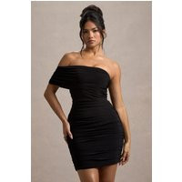 Tampa | Black Ruched Asymmetric Bardot Mini Dress | Club L London