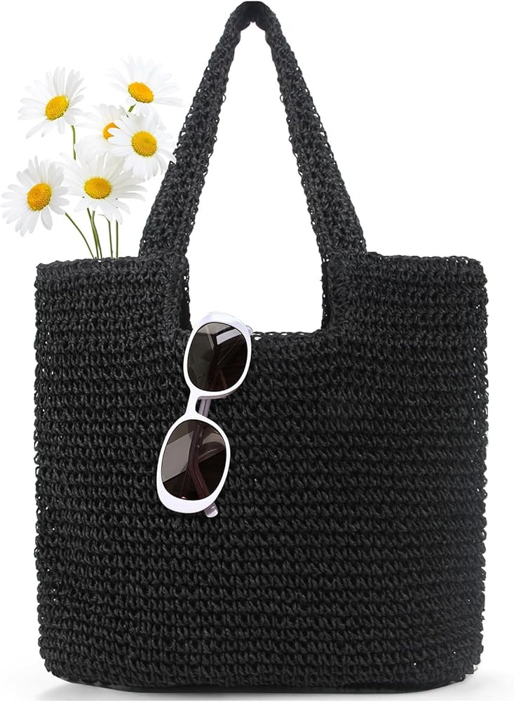 Straw Bag Beach Tote Handbag for Women Large Summer Woven Raffia Bag with Zipper | Amazon (US)