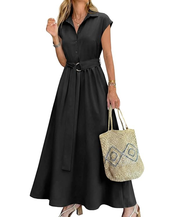 Wenrine Womens Summer Shirt Dress Button Short Sleeve Flowy Maxi Dresses | Casual,Loose,A Line,Sw... | Amazon (US)