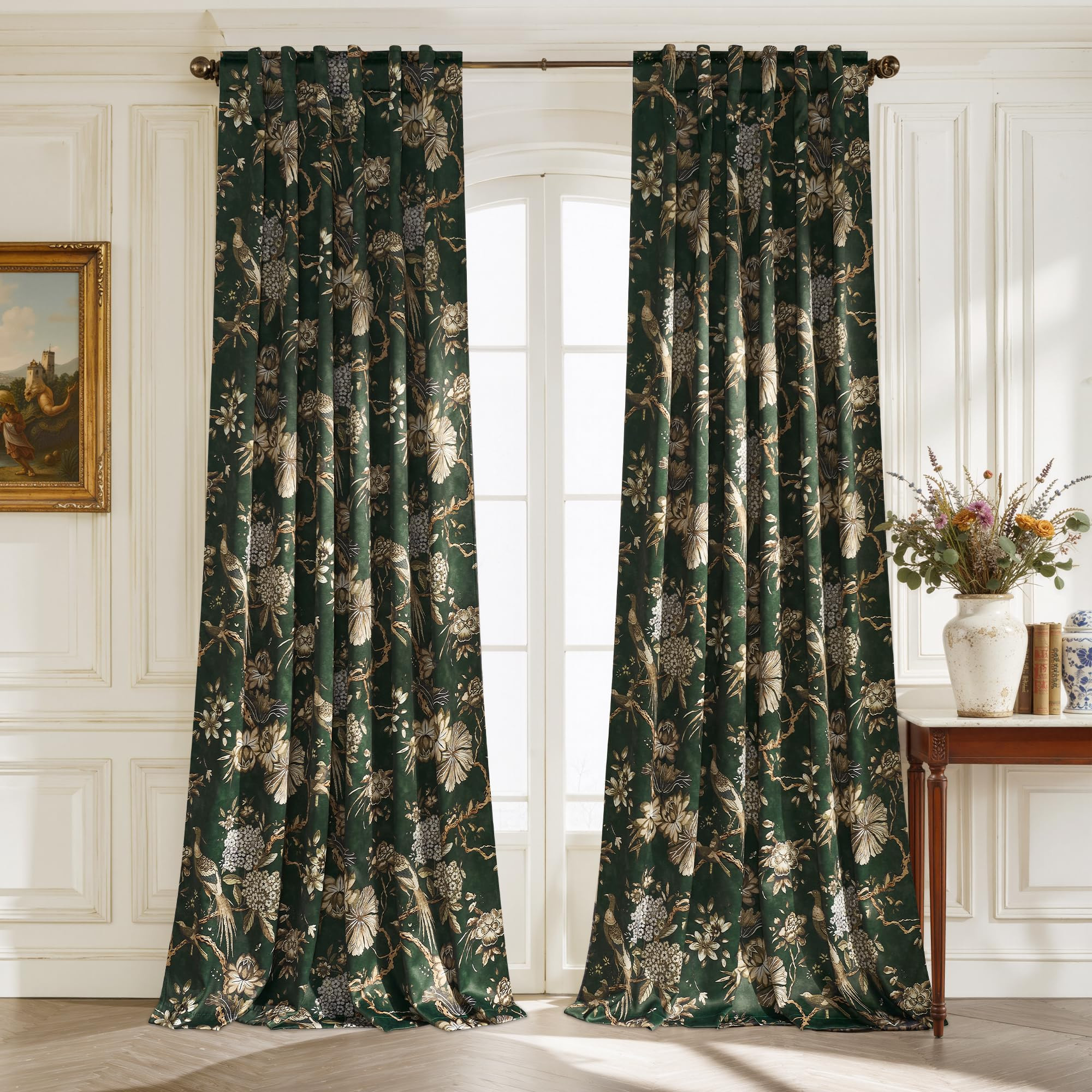 StangH Green 100% Blackout Floral Curtains 84 Inches Long, Printed Vintage Bird Pattern Thermal I... | Amazon (US)