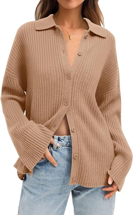 LILLUSORY Women's Cardigan 2023 Long Sleeve Button Down Sweater Shirts Lightweight Collared Loose... | Amazon (US)