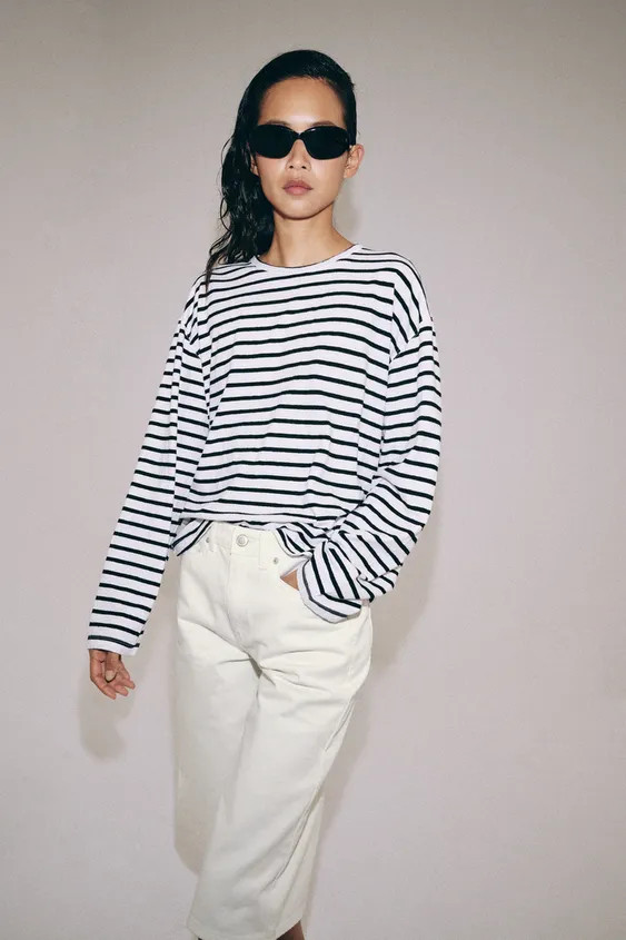 STRIPED COTTON AND LINEN T-SHIRT | Zara UK