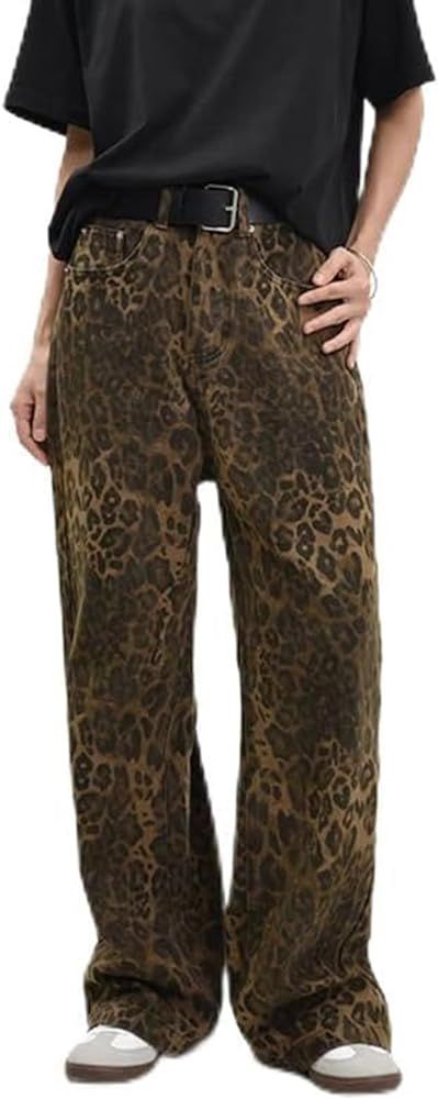 Leopard Jeans Unisex Casual Pants Jeans Leopard Print Hip Hop Wide Leg Straight with Pockets Butt... | Amazon (UK)