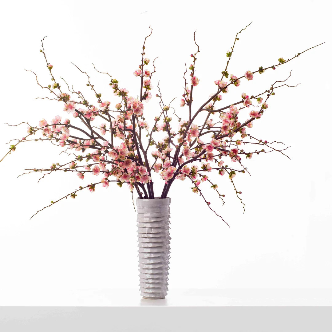 Light Pink Quince Blossom Spring Budding Branches in White Textured Ceramic Vase Large Faux Flora... | Etsy (US)