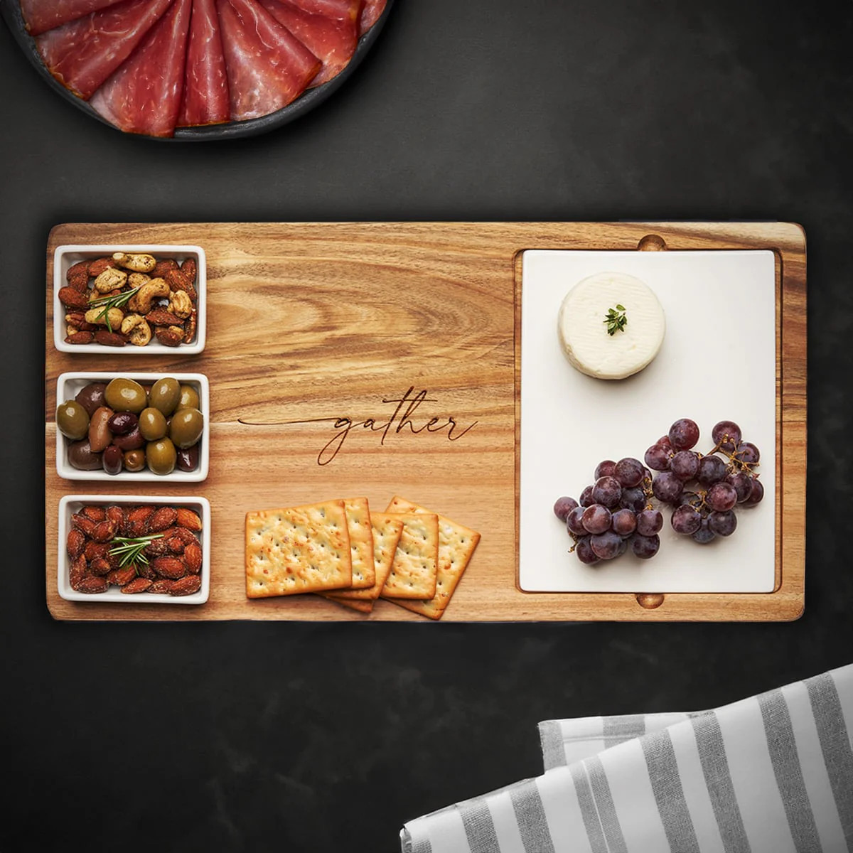 Fete Charcuterie Serving Board Including Ceramic Serving Bowls | HomeWetBar.com