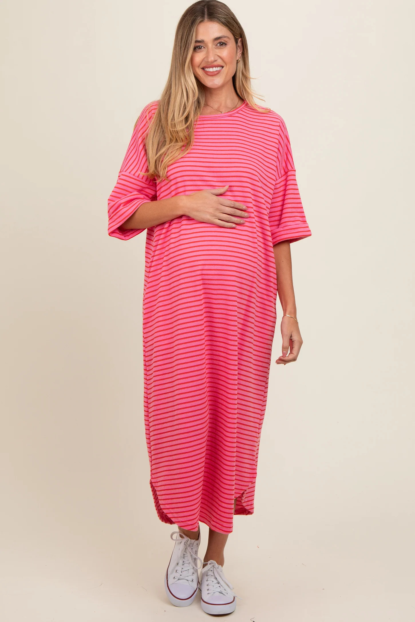 Fuchsia Striped Terry Maternity Maxi Dress | PinkBlush Maternity