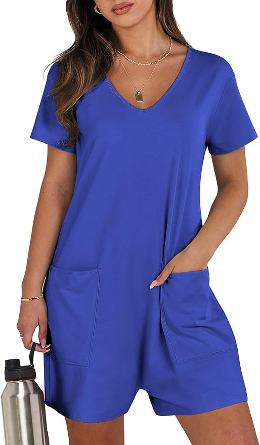 ANRABESS Women's Summer Casual Rompers Short Sleeve V Neck Loose Fit Jumpsuit 2024 Trendy One Pie... | Amazon (US)