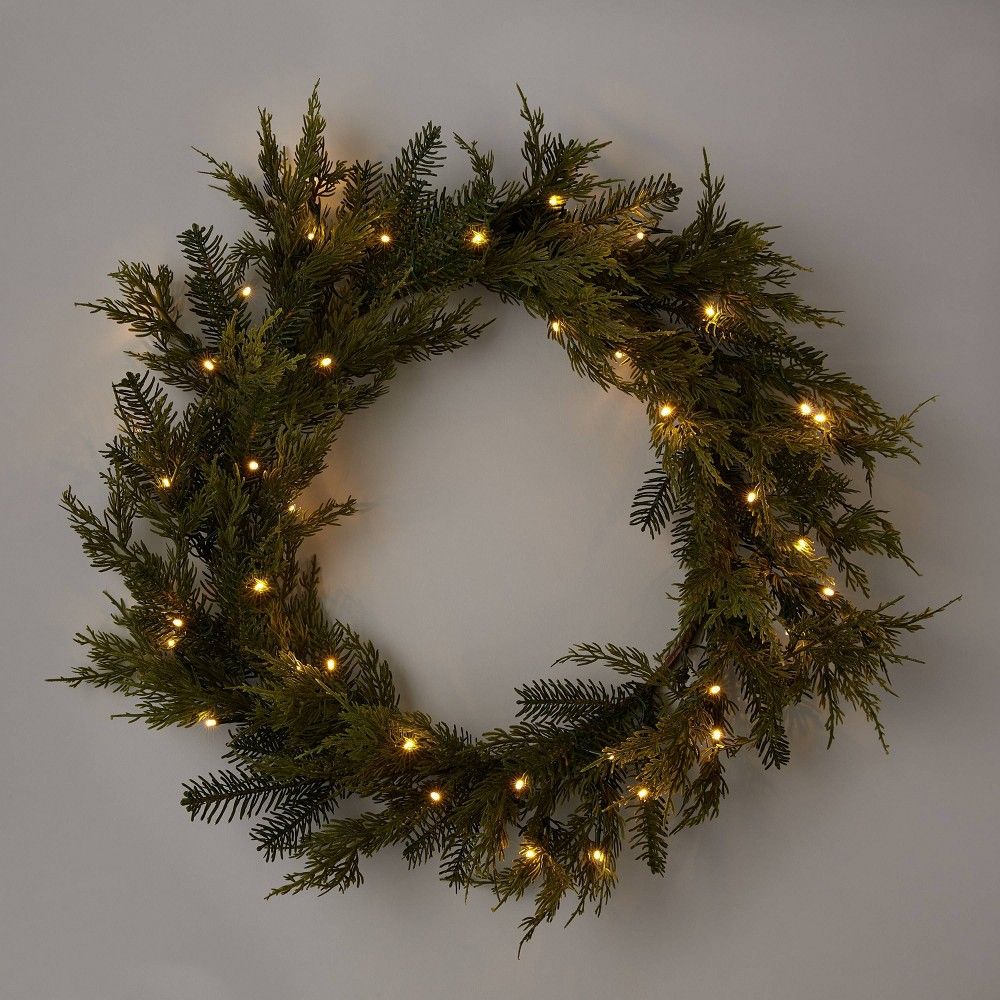28"" Pre-lit Mixed Greenery Artificial Christmas Wreath LED Warm White Lights - Wondershop | Target