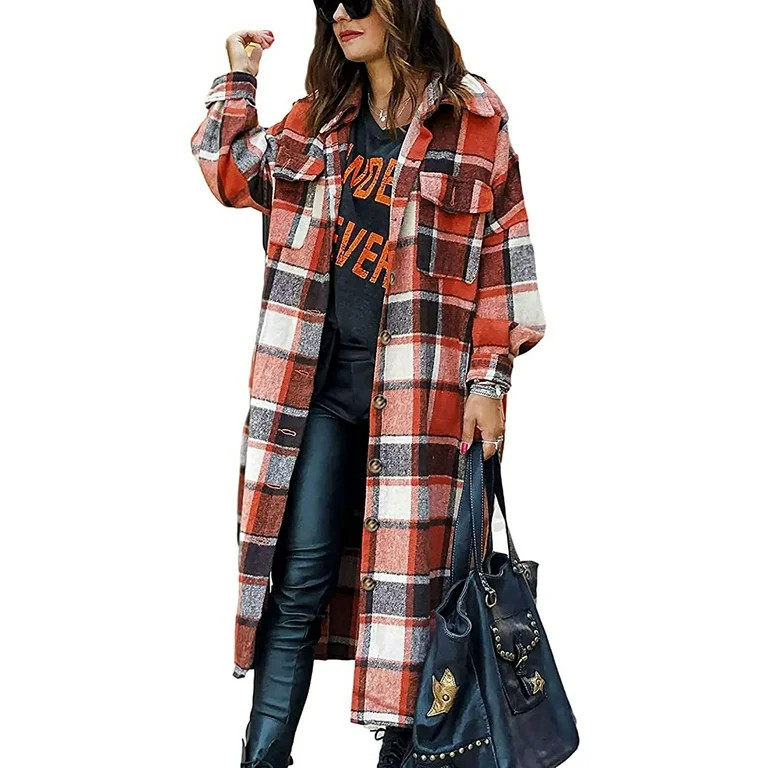 Fantaslook Flannel Shirts for Women Button Up Plaid Shirt Long Pocketed Shacket Jacket Coat | Walmart (US)