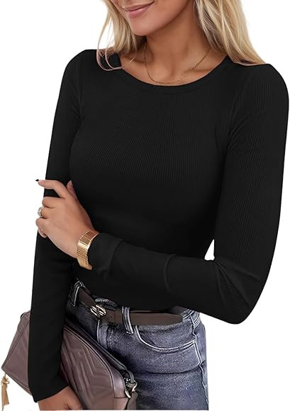 Dazevt Womens Long Sleeve Stretch Crewneck Ribbed Knit Tops Slim Fitted Underscrubs Casual Basic ... | Amazon (CA)