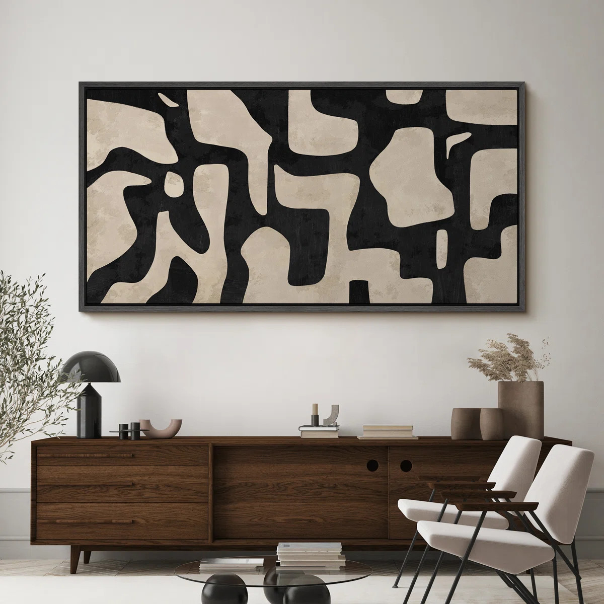 Mid Century Shape Abstract Contours, Black And White Beige Artwork, Retro Bedroom Home Decor, Ext... | Wayfair North America
