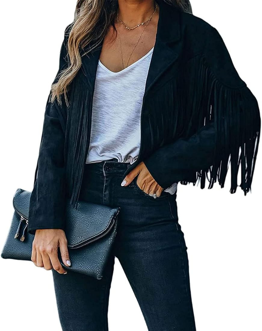 ebossy Women's Suede Fringe Jacket Long Sleeve Slim Faux Leather Boyfriend Cropped Top with Tassl... | Amazon (US)