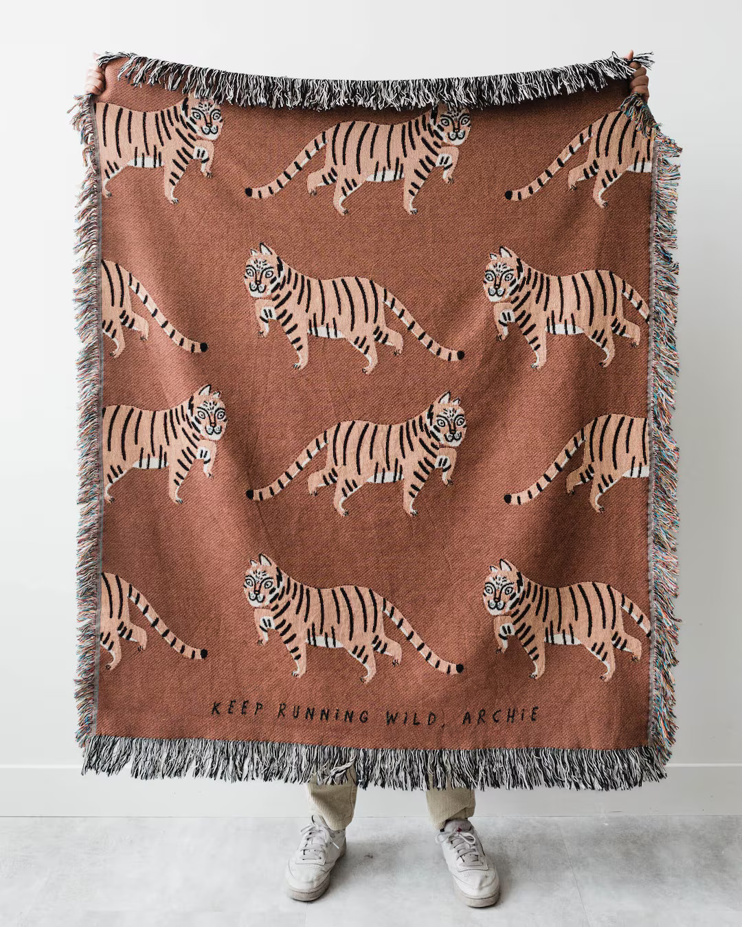 Tiger Personalized Blanket: Earth Tones Brown Jungle Decor, Maximalist Bedroom, Woven Cotton Thro... | Etsy (US)