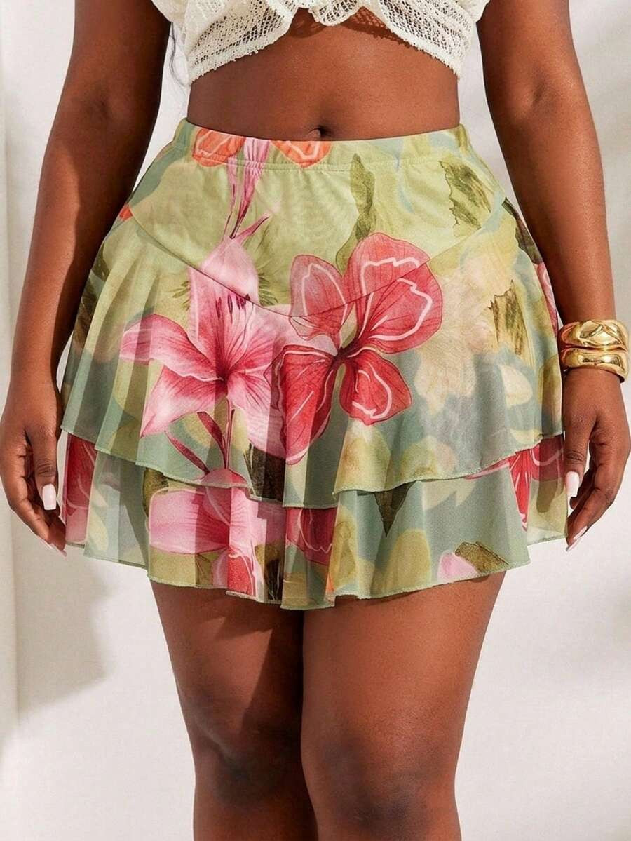SHEIN SXY Plus Size Light Pink Green Floral Print Mesh Layered Ruffle Hem High-Waist Swing Skirt,... | SHEIN