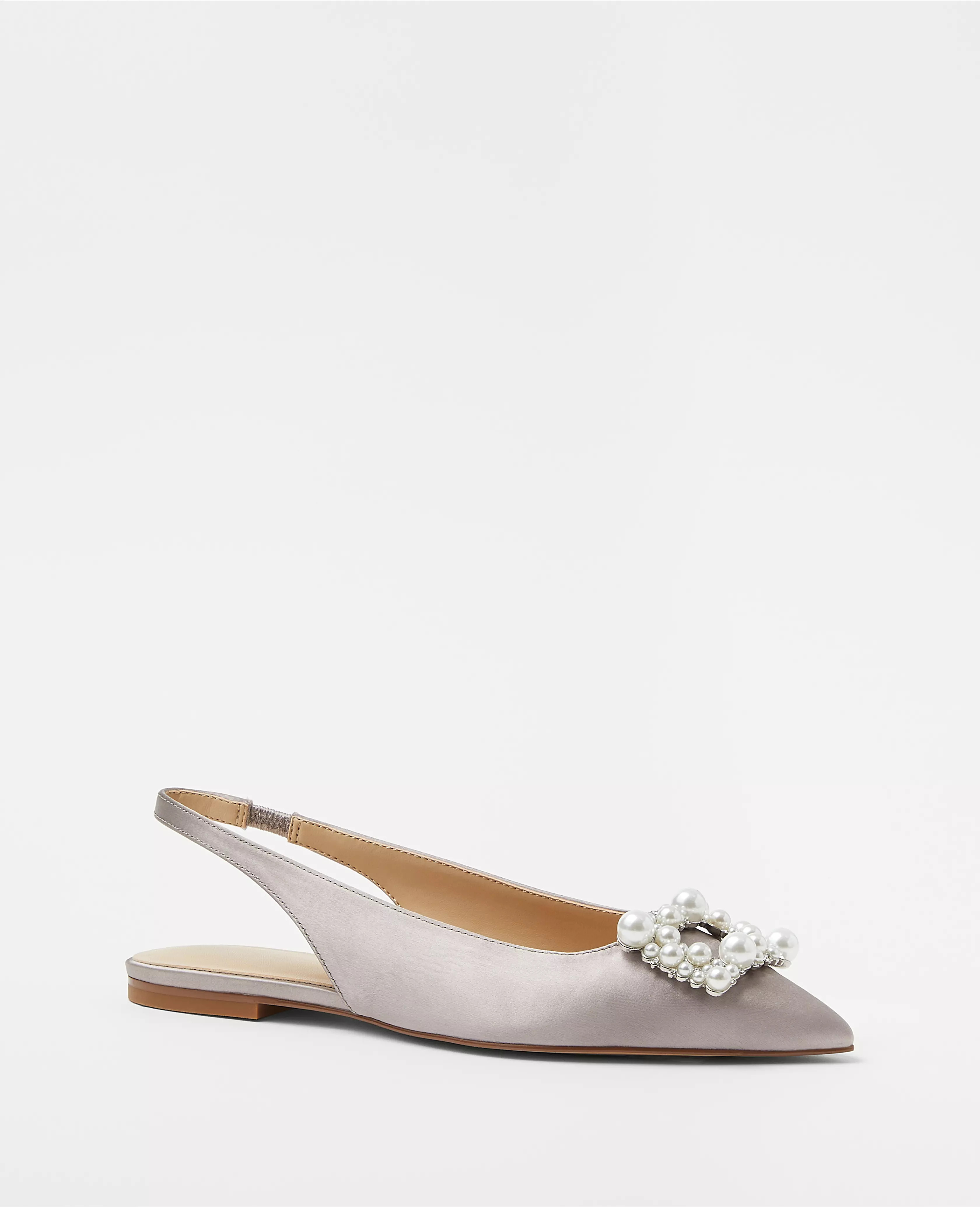Pearlized Buckle Pointy Toe Satin Slingback Flats | Ann Taylor (US)
