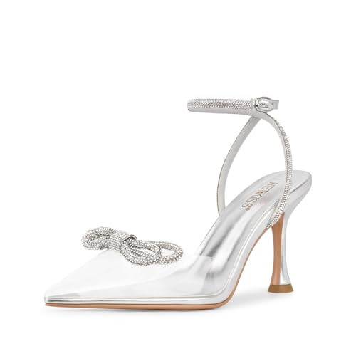 wetkiss Rhinestone Bow Heels for Women - Kitten, Pointed Toe, Clear, Wedding & Holiday Heels | Amazon (US)