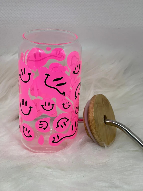 Iced Coffee Glass Smiley Faces - Etsy | Etsy (US)