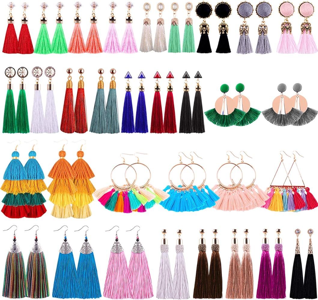 Duufin 32 Pairs Tassel Earrings Colorful Bohemian Tassel Earring Long Layered Dangle Earrings Tas... | Amazon (US)