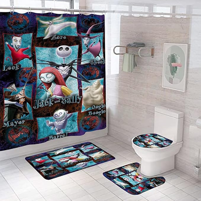 DDQTOUCH 4Pcs Nightmare Before Christmas Bathroom Set with Shower Curtain Halloween Town Pumpkin ... | Amazon (US)