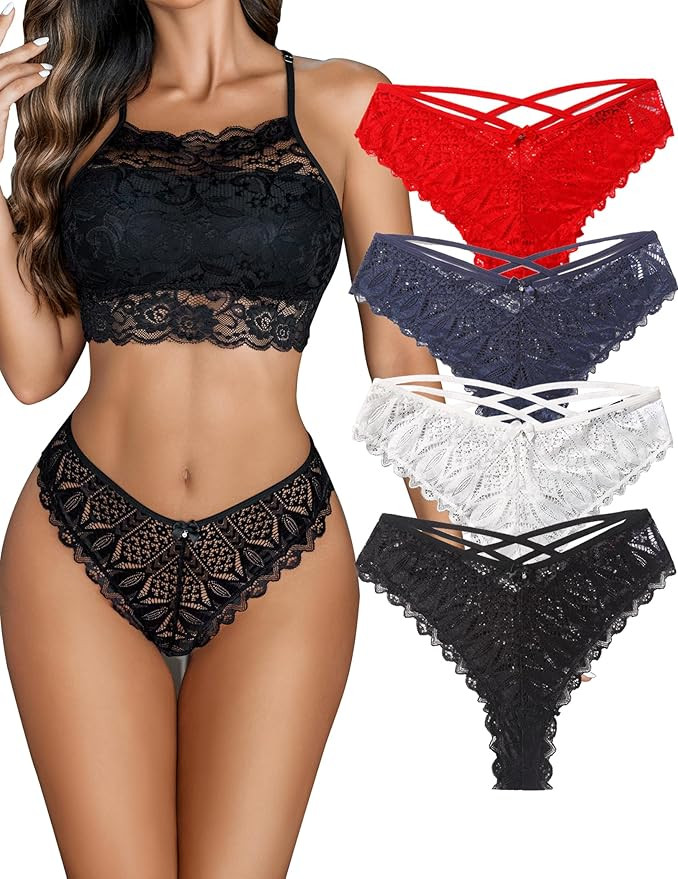 Avidlove Sexy Cheeky Panties for Women Lace Criss Cross Bikini Underwear 1-4 Pack | Amazon (US)
