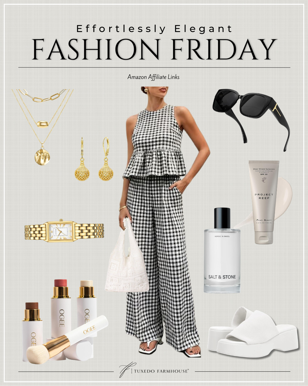 ✨ Effortlessly elegant and so easy to wear 🤍 This black-and-white gingham set is polished style without trying too hard. A look that works for brunch, vacation, errands, or date night with a simple switch of accessories. I paired it with chic oversized sunnies, elevated gold jewelry, comfy platform slides, and my favorite beauty essentials for that “put together in 5 minutes” vibe.

These are the pieces that make getting dressed feel easy and expensive-looking 👏 Grab your favorites before sizes and best-sellers disappear! 

 #LTKSeasonal #LTKHome #LTKSaleAlert