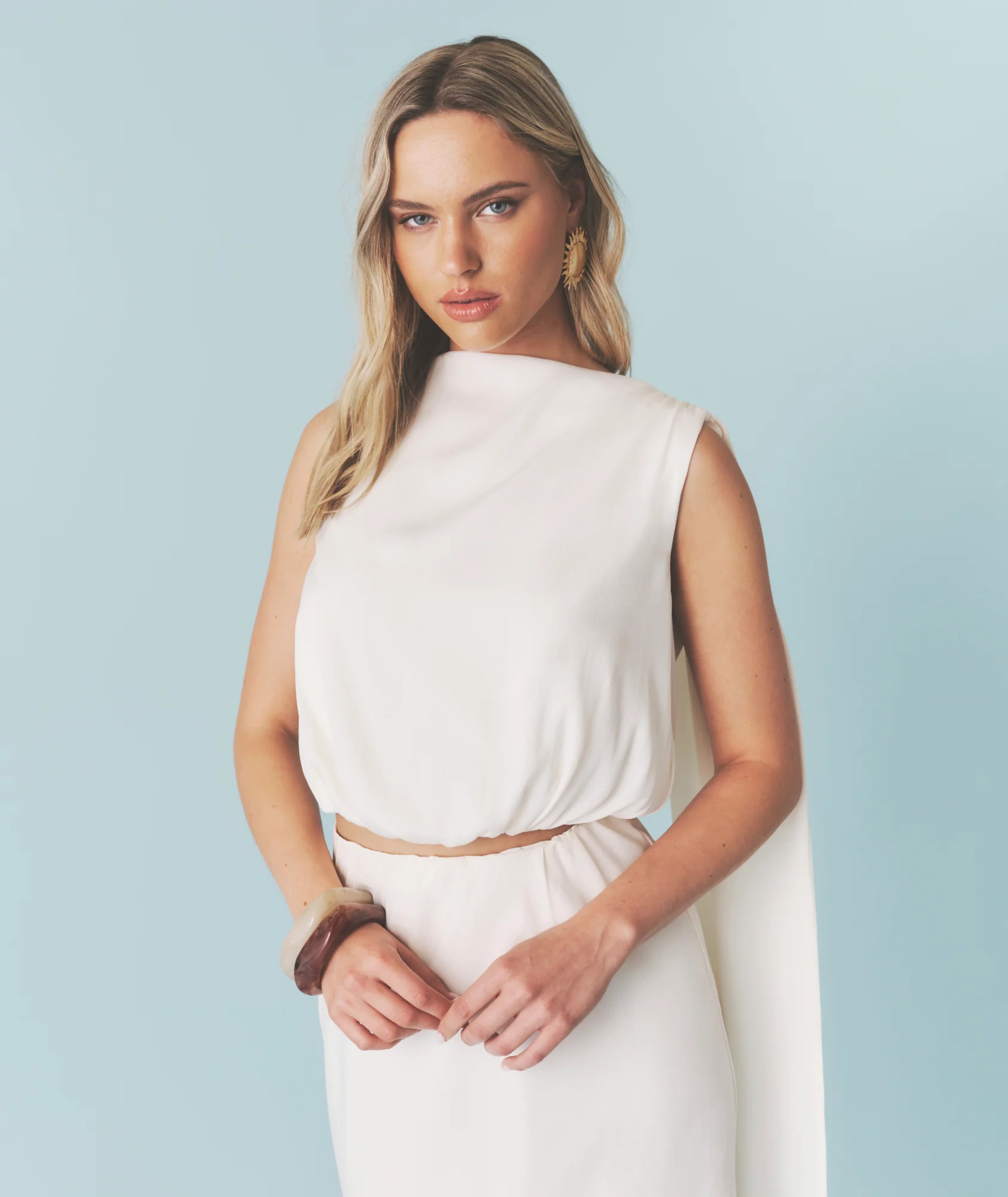 Satin Drape Detail High Neck Top - Cream | Six Stories